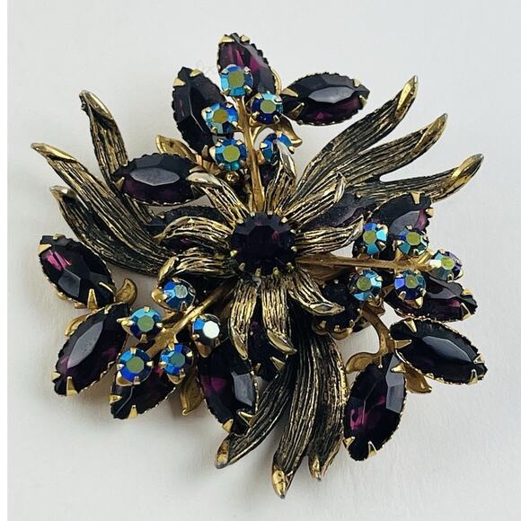 Vintage Unsigned Selro Selini Purple Rhinestone Brooch AB Flower Spray Lapel Pin - Picture 4 of 14